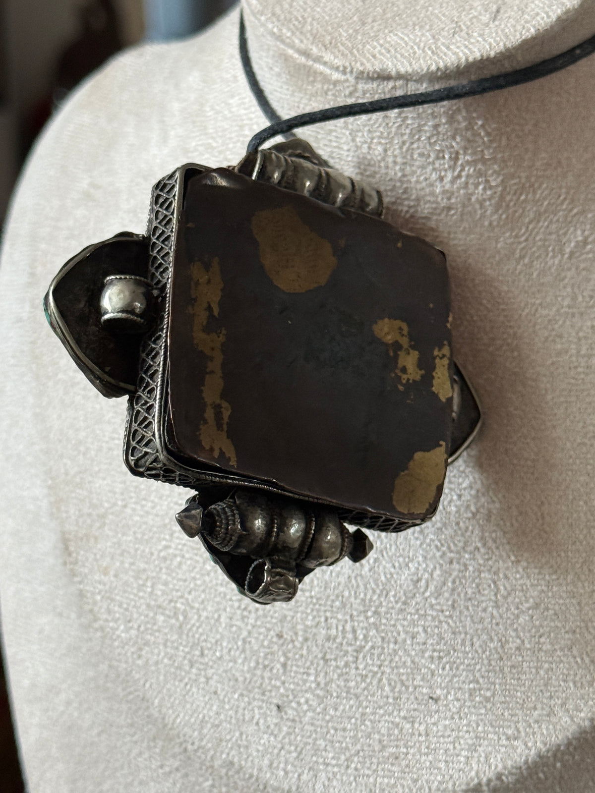 Antique Tibetan Silver Ghau with Exceptional Turquoise Decoration and Copper Back Cover