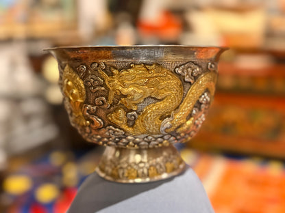 Antique silver and gilded silver carved dragon bowl