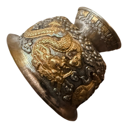 Antique silver and gilded silver carved dragon bowl