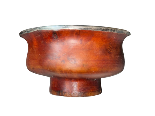 Antique Tibetan Burlwood Silver Mounted Offering Bowl Himalayan Pedestal Cup