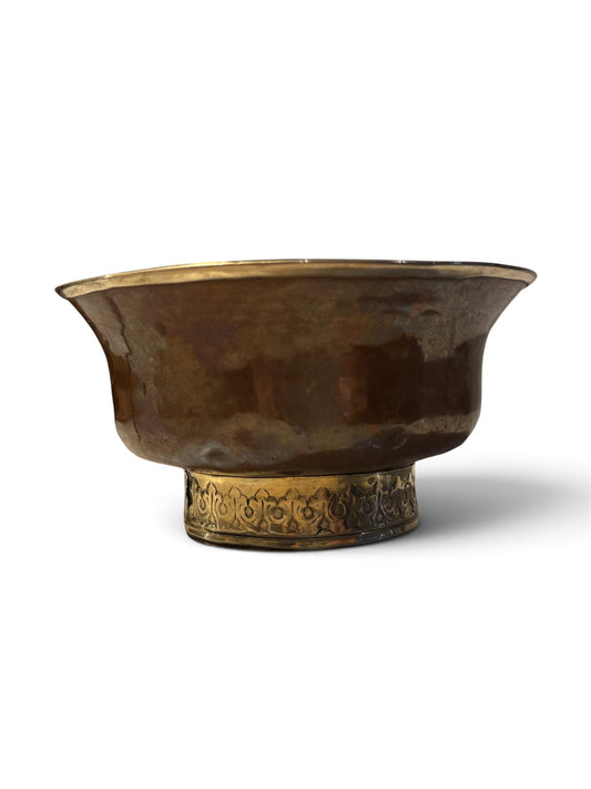 Antique Tibetan Brass White Metal Mounted Offering Bowl Himalayan Cup