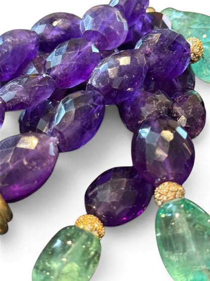 methyst & Green Quartz Double Strand Necklace with Crystal Pavé Rondelles, 19" Statement Jewelry