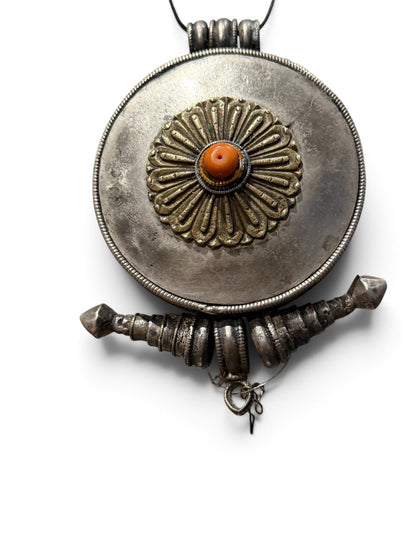 Large Antique Tibetan Silver Women's Ghau Pendant with Gilded Floral Medallion and Coral Cabochon