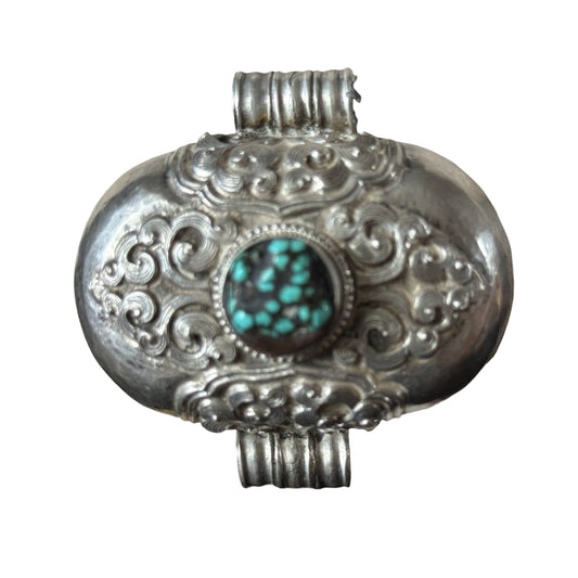 Antique Tibetan Silver Ghau Pendant with Turquoise Cabochon and Brass/Copper Back Cover