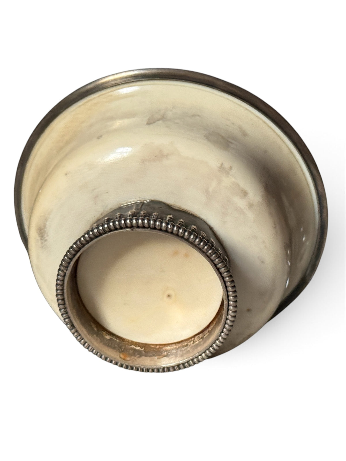 Rare Antique Tibetan Bone Silver Mounted Offering Bowl Himalayan Ritual Cup