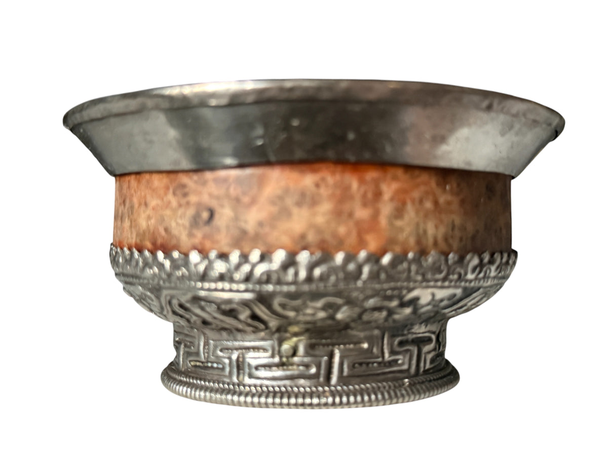 Antique Tibetan Burlwood Silver Mounted Offering Bowl Himalayan Pedestal Cup