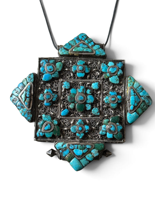 Antique Tibetan silver and turquoise ghau
