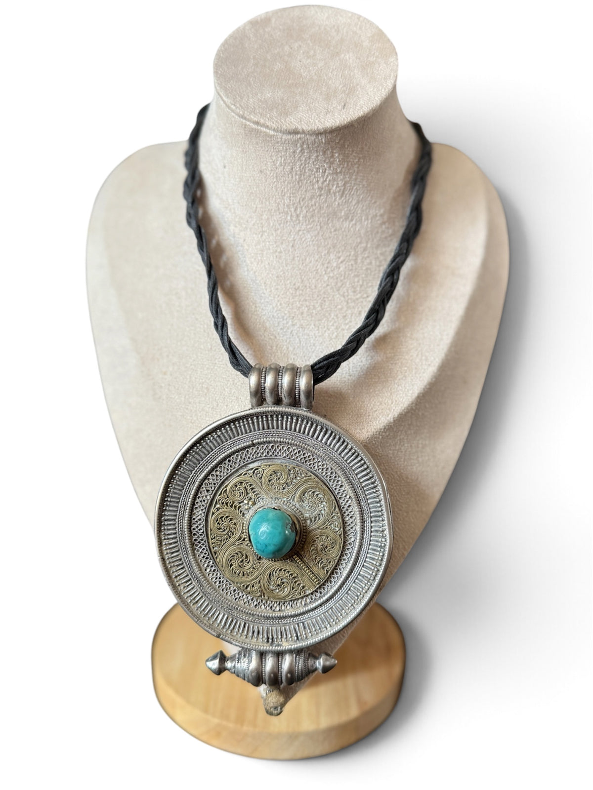 Large Antique Tibetan Circular Silver Ghau Pendant with Turquoise Cabochon