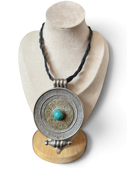 Large Antique Tibetan Circular Silver Ghau Pendant with Turquoise Cabochon
