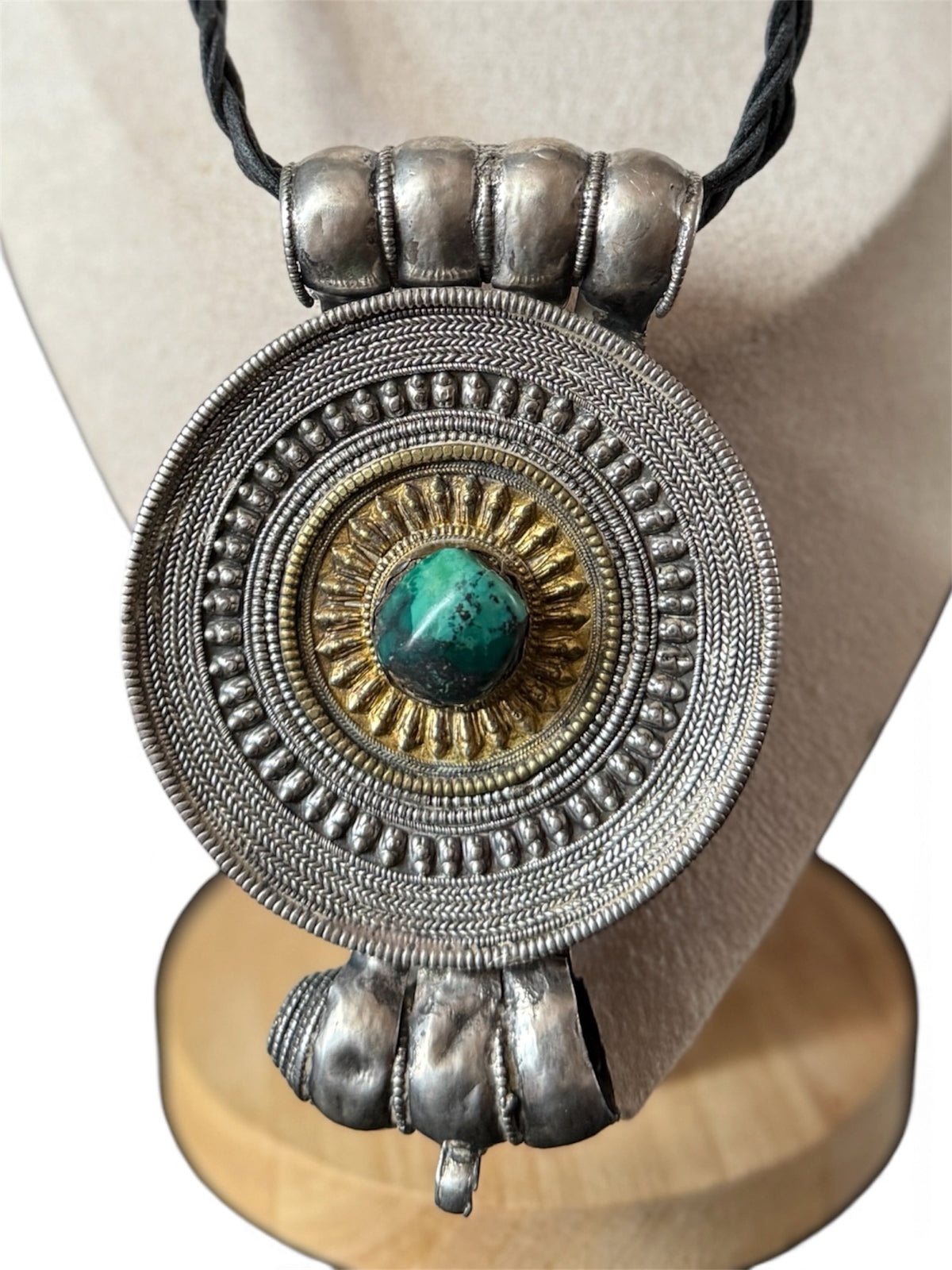 Large Antique Tibetan Silver Circular Ghau Pendant with Gilded Center and Turquoise Cabochon
