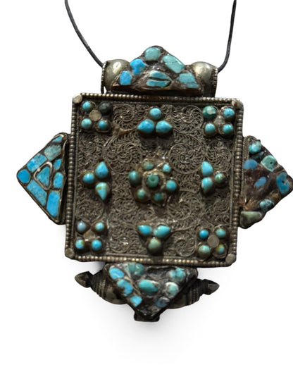 Large Antique Tibetan Silver Women's Ghau Pendant with Turquoise Decoration