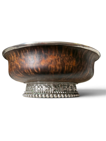 Antique Tibetan Burlwood Silver Mounted Bowl Himalayan Pedestal Cup 4 7/8"
