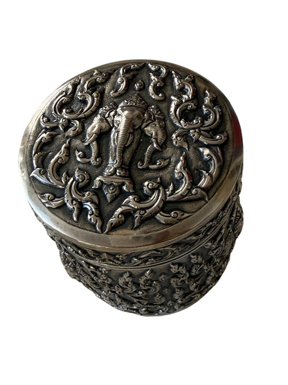 An antique cylindrical Thai silver box