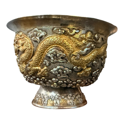 Antique silver and gilded silver carved dragon bowl