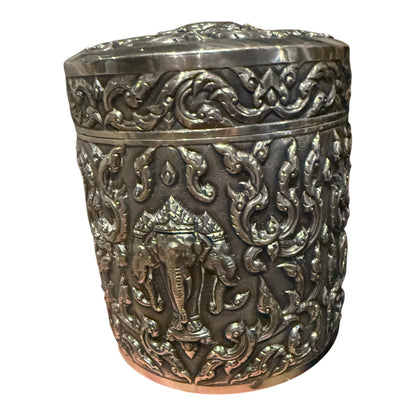 An antique cylindrical Thai silver box