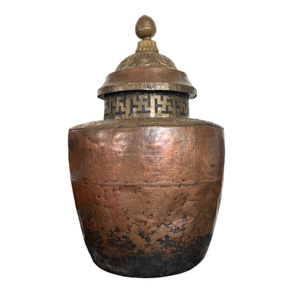 Large Antique Tibetan Copper Brass Water Storage Vessel Ritual Jar 42"