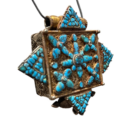 Antique Tibetan Gilded Silver and Turquoise Women's Ghau Pendant
