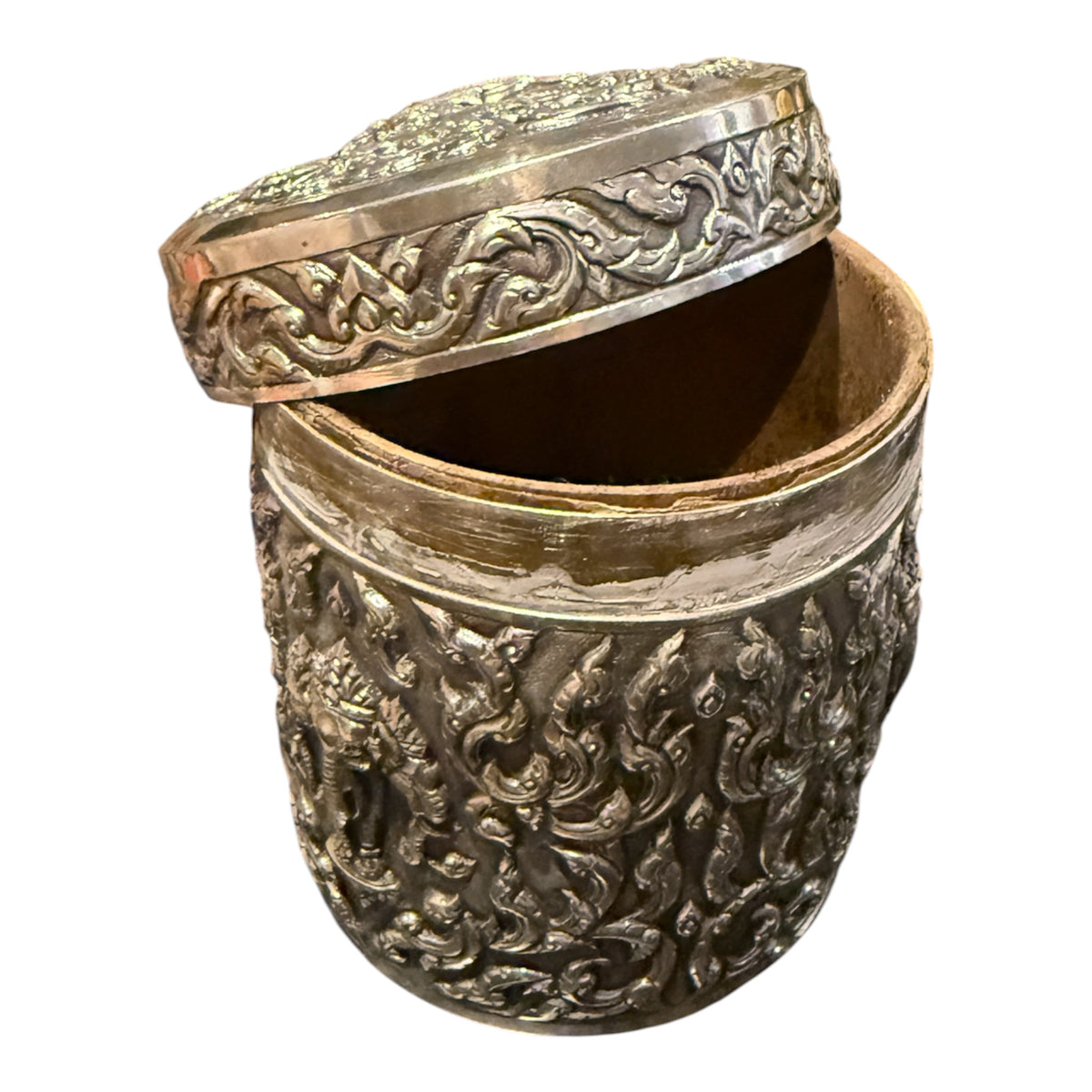 An antique cylindrical Thai silver box