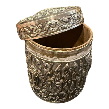 An antique cylindrical Thai silver box