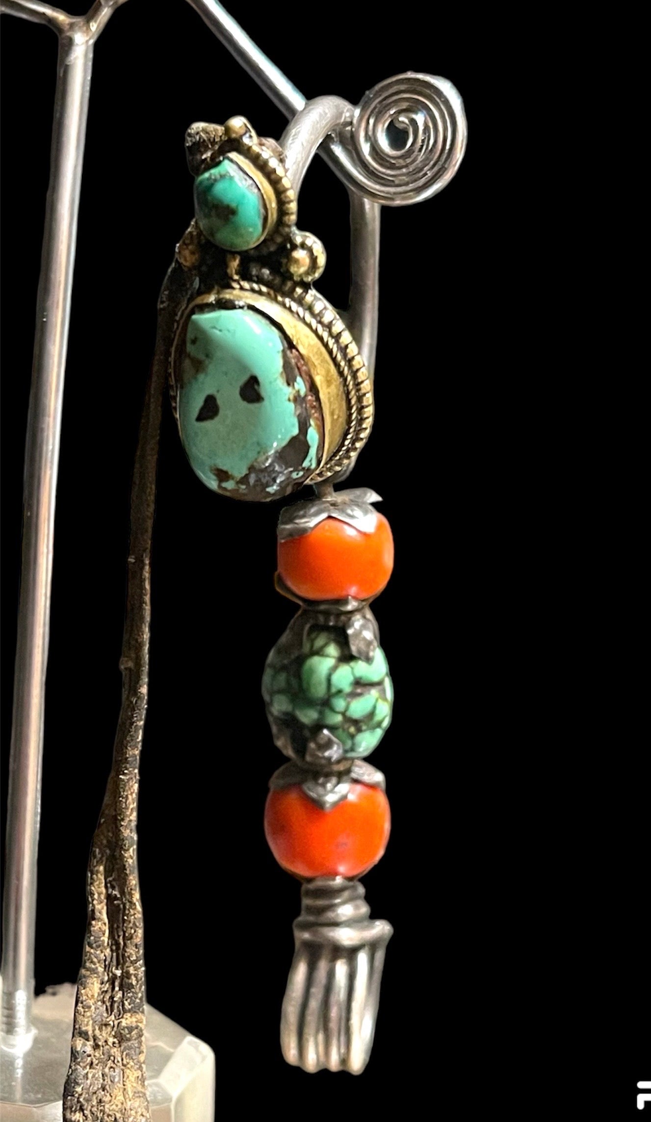 Antique Tibetan men’s turquoise and coral earring
