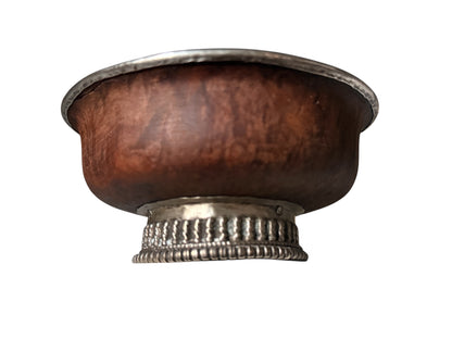 Antique Tibetan Burlwood Silver Mounted Offering Bowl Himalayan Pedestal Cup