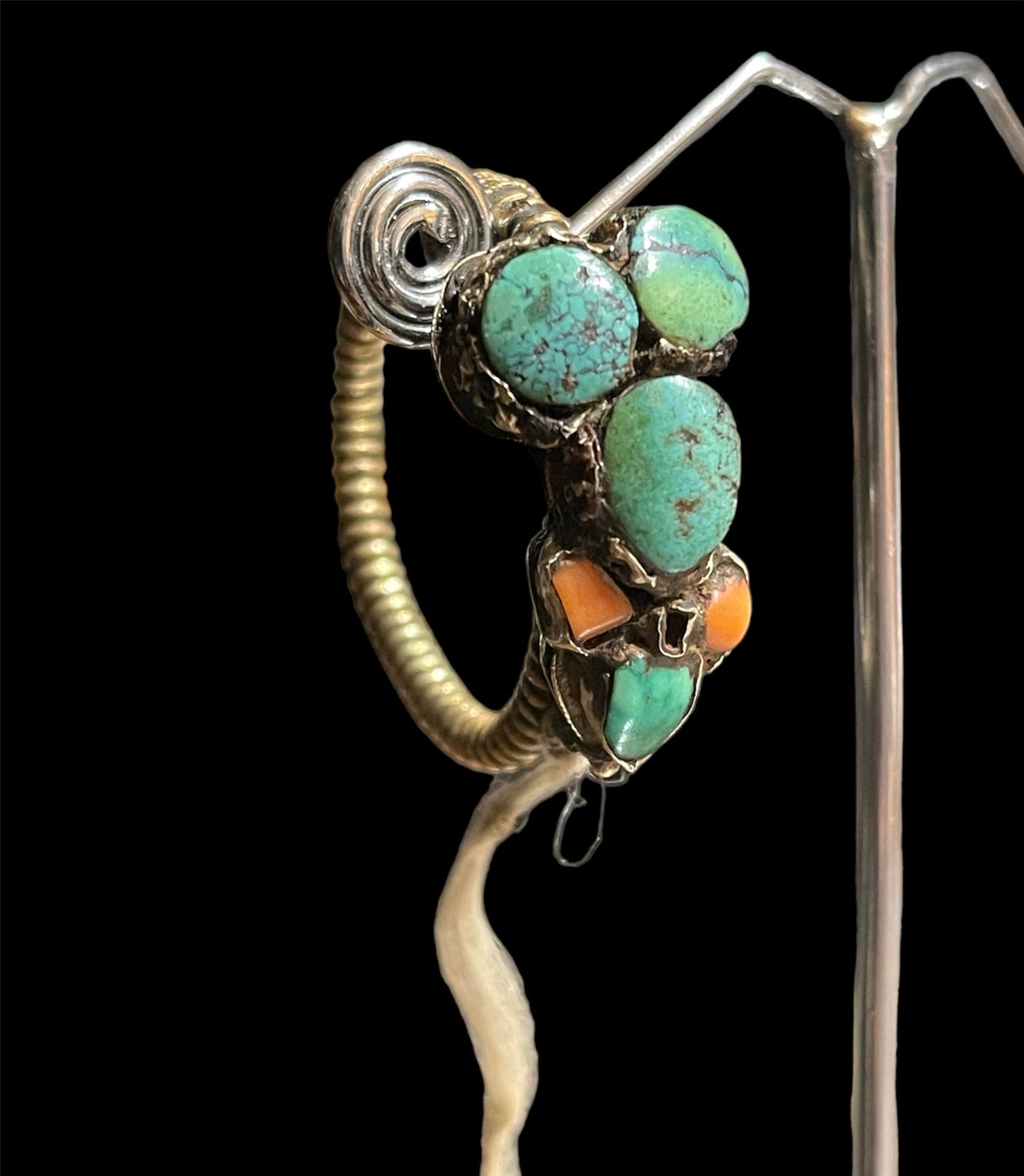 Tibetan antique turquoise and coral earring