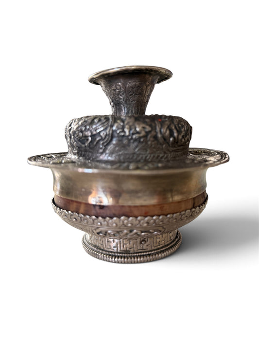 Antique Tibetan Silver Ritual Cup Lid Repousse Dragon Buddhist Cover 128g ( LID ONLY, CUP SOLD SEPARATELY)