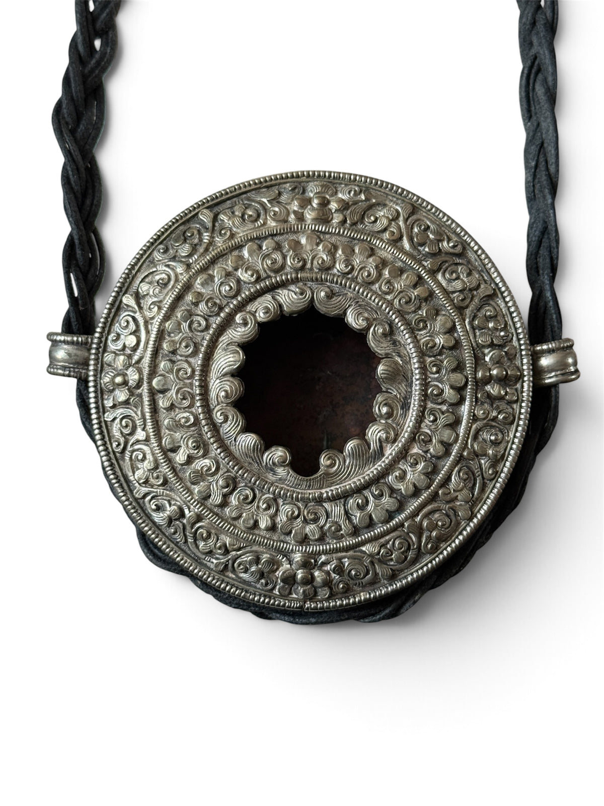 Antique Tibetan Silver Ghau (Portable Carrying Shrine) with Intricate Repoussé Decoration and Brass Back Cover