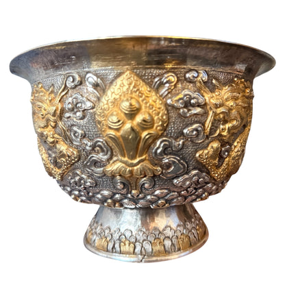 Antique silver and gilded silver carved dragon bowl