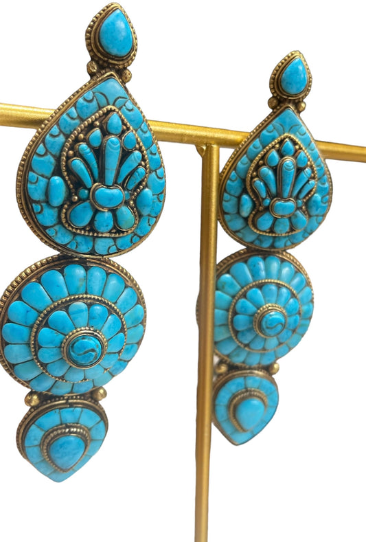 Pair of vintage Tibetan turquoise and gilded silver ear pendants