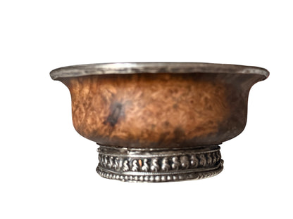 Antique Tibetan Burlwood Silver Mounted Offering Bowl Himalayan Cup
