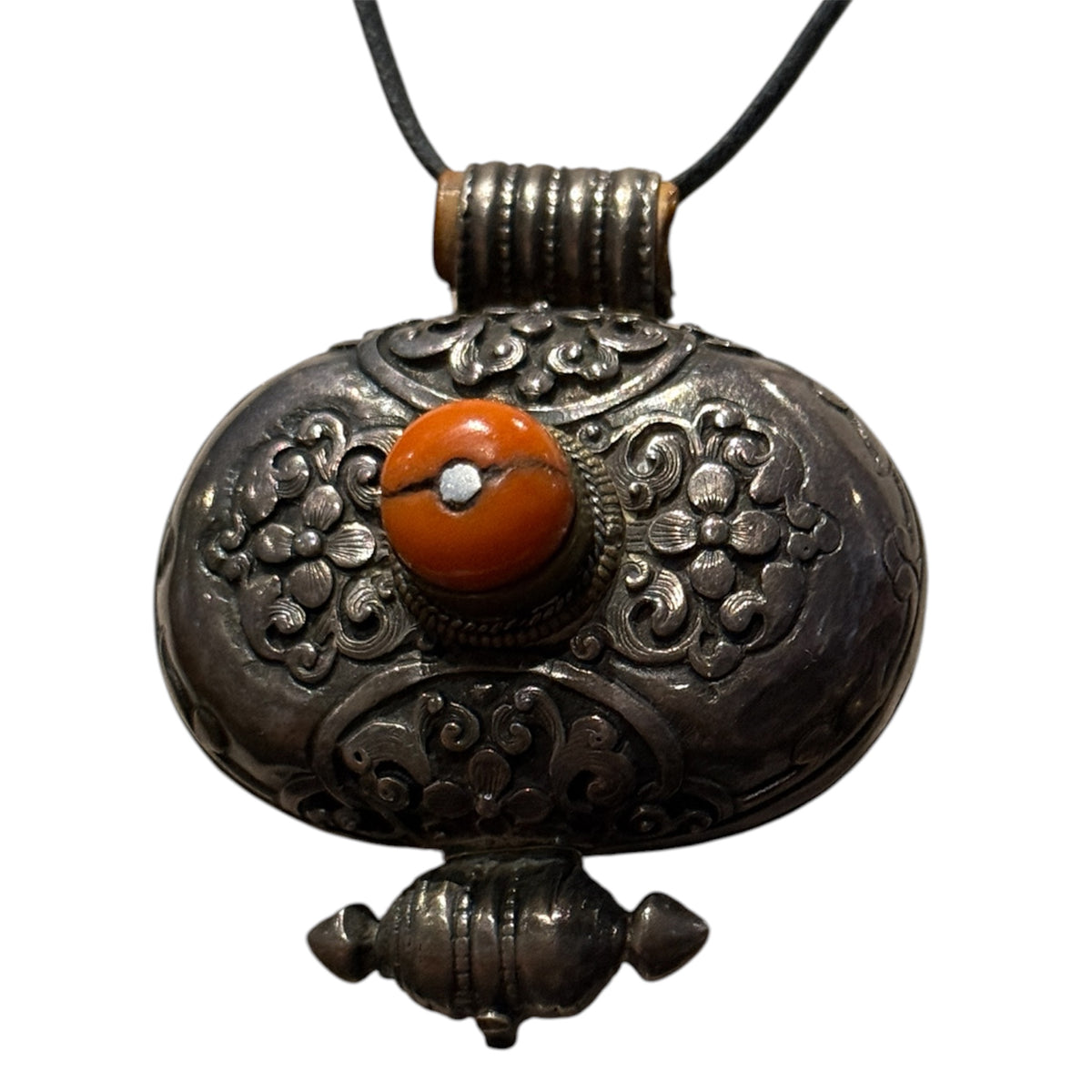 Antique Tibetan Silver Ghau Pendant with Coral Stone | Himalayan Buddhist Amulet Shrine