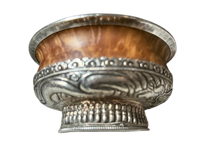 Antique Tibetan Burlwood Silver Mounted Offering Bowl Himalayan Pedestal Bowl