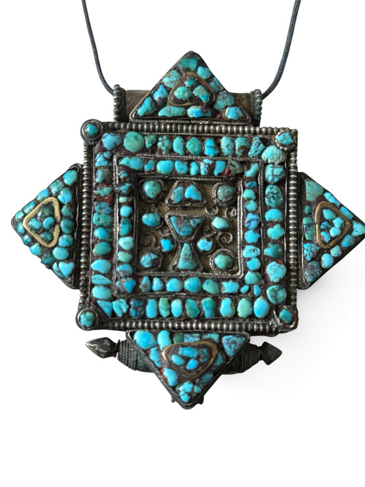 Antique Tibetan silver and turquoise ghau