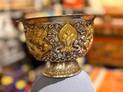 Antique silver and gilded silver carved dragon bowl