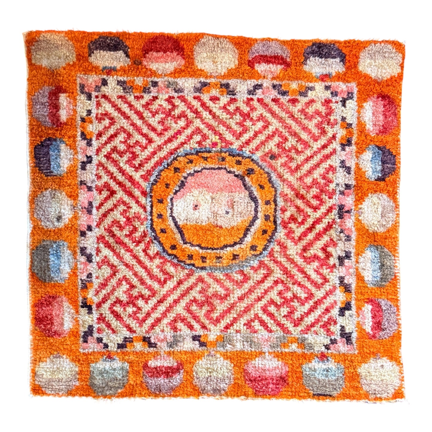 Antique meditation seat rug with unique circular motifs