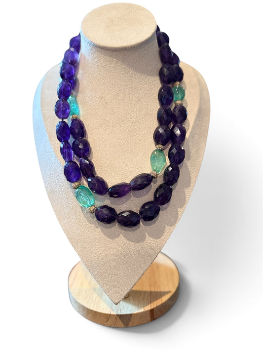 methyst & Green Quartz Double Strand Necklace with Crystal Pavé Rondelles, 19" Statement Jewelry