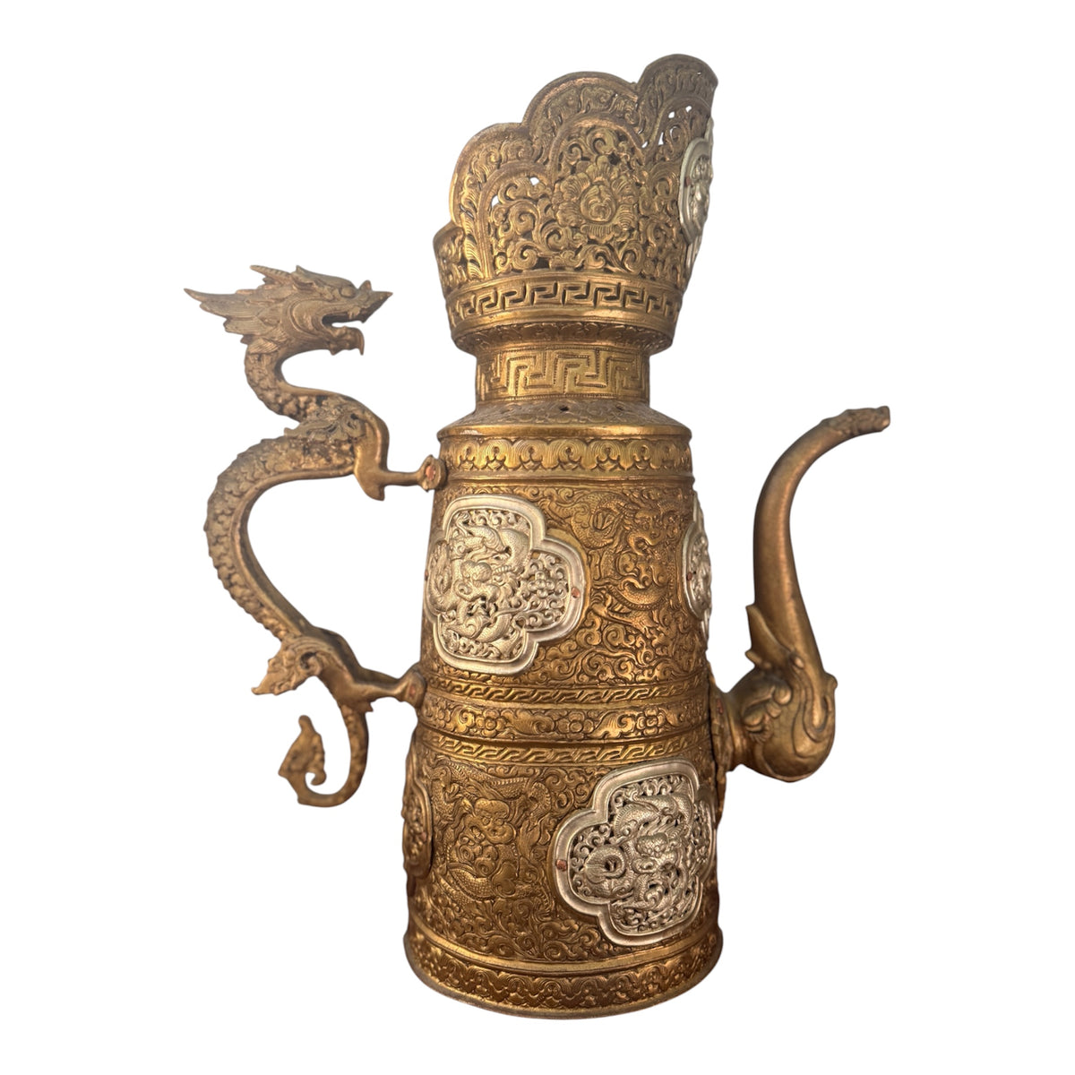 Antique Tibetan Dragon Handle Ewer Gilt Bronze Silver Ritual Wine Pot