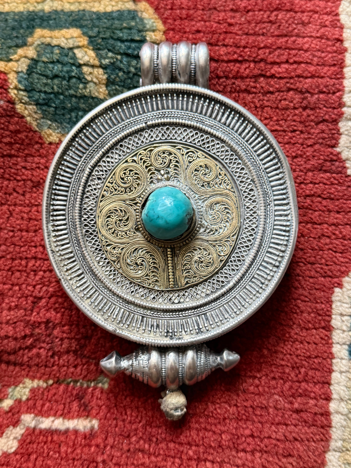 Large Antique Tibetan Circular Silver Ghau Pendant with Turquoise Cabochon