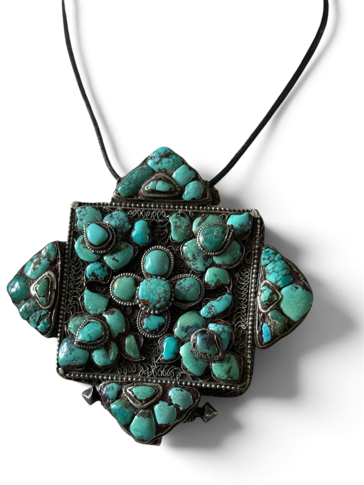 Antique Tibetan Silver Ghau with Exceptional Turquoise Decoration and Copper Back Cover