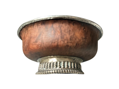 Antique Tibetan Burlwood Silver Mounted Offering Bowl Himalayan Pedestal Cup