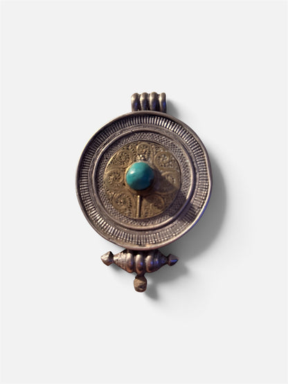 Large Antique Tibetan Circular Silver Ghau Pendant with Turquoise Cabochon