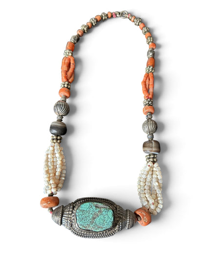 Antique Tibetan Necklace with Turquoise Hair Bead Pendant