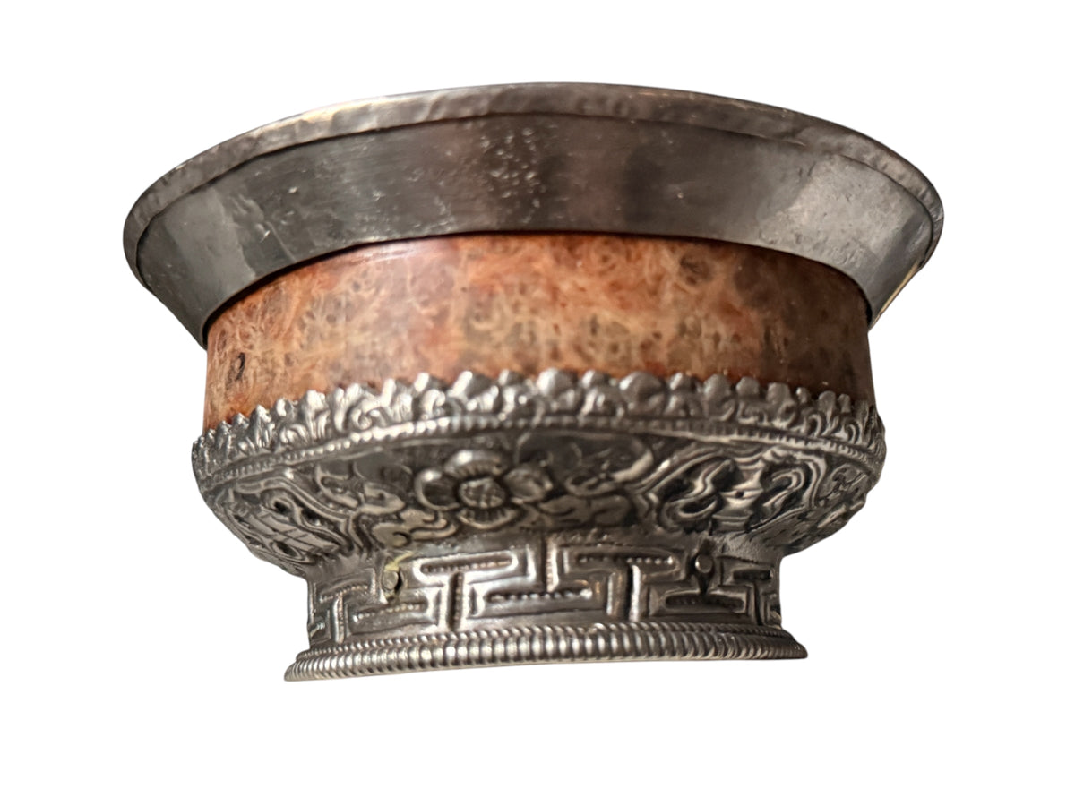 Antique Tibetan Burlwood Silver Mounted Offering Bowl Himalayan Pedestal Cup