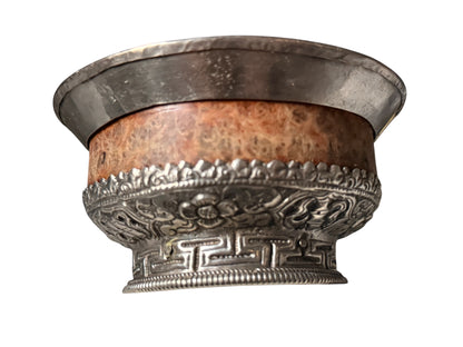Antique Tibetan Burlwood Silver Mounted Offering Bowl Himalayan Pedestal Cup