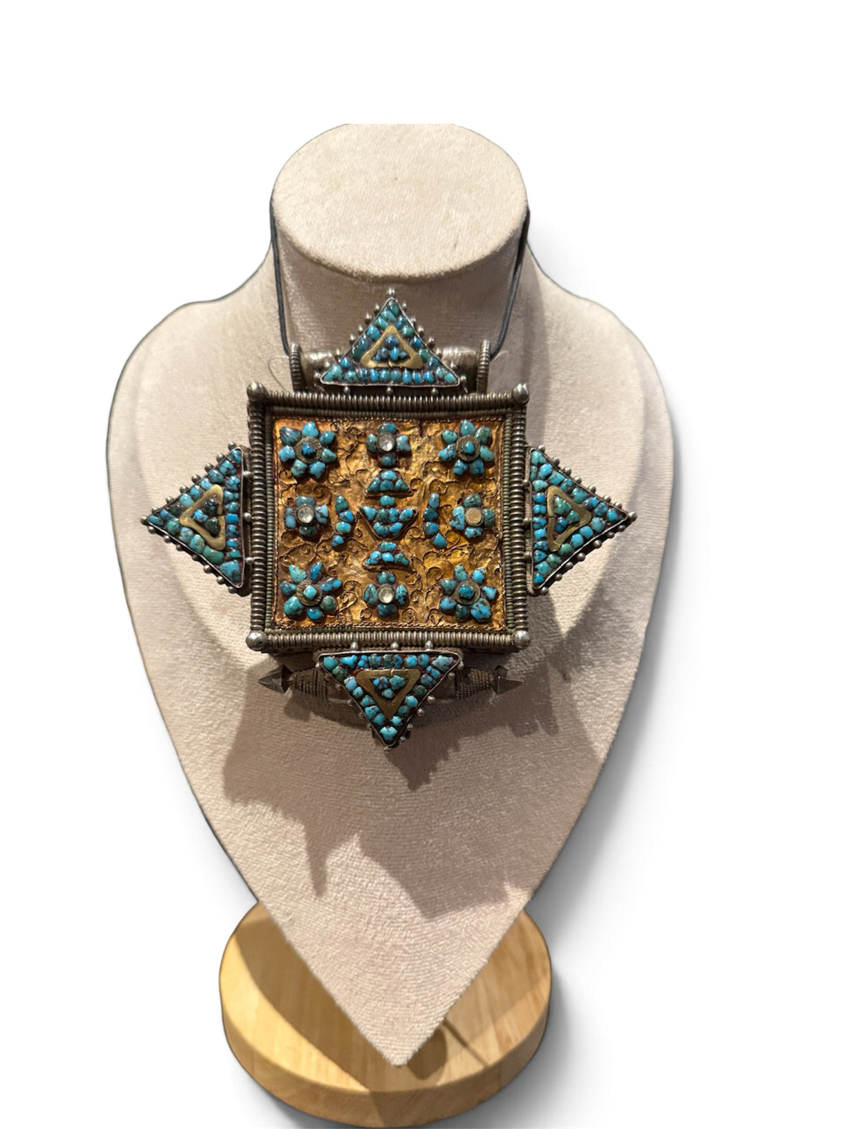 Large Antique Tibetan Silver Women's Ghau Pendant with Gold Sheet and Turquoise Inlay