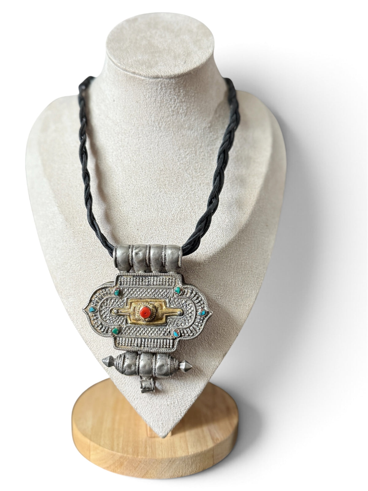 Antique Tibetan Silver Ghau Pendant with Turquoise Stones, Coral Accent, and Brass Back Cover