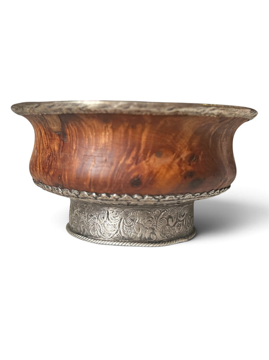 Antique Tibetan Burlwood Silver Mounted Pedestal Bowl Himalayan Wood Vessel