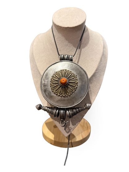 Large Antique Tibetan Silver Women's Ghau Pendant with Gilded Floral Medallion and Coral Cabochon