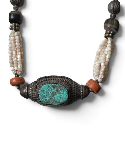 Antique Tibetan Necklace with Turquoise Hair Bead Pendant